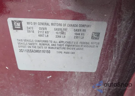 2017 Chevrolet Impala 1Lt z USA, uszkodzony, nr VIN 2G1105SA3H9116150